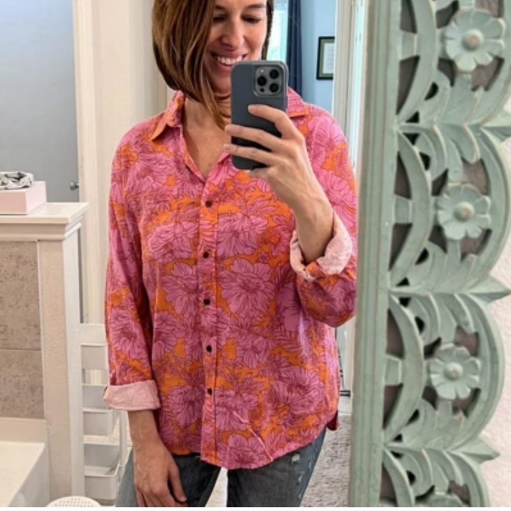 Universal Thread Pink & Purple Floral Long Sleeve Button-Down  Blouse Size XXL